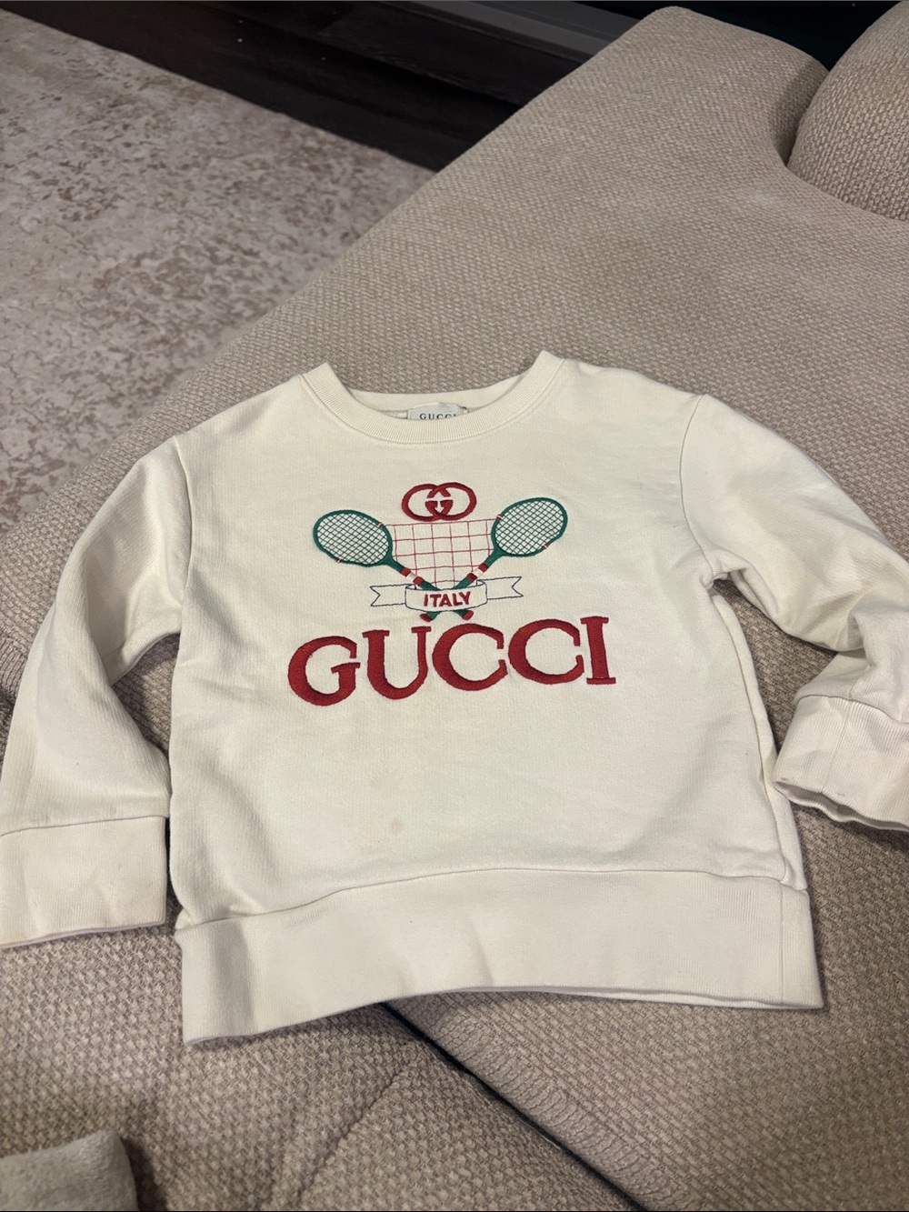 Gucci Cream Kids Sweatshirt with Red Logo and Green Tennis Motif